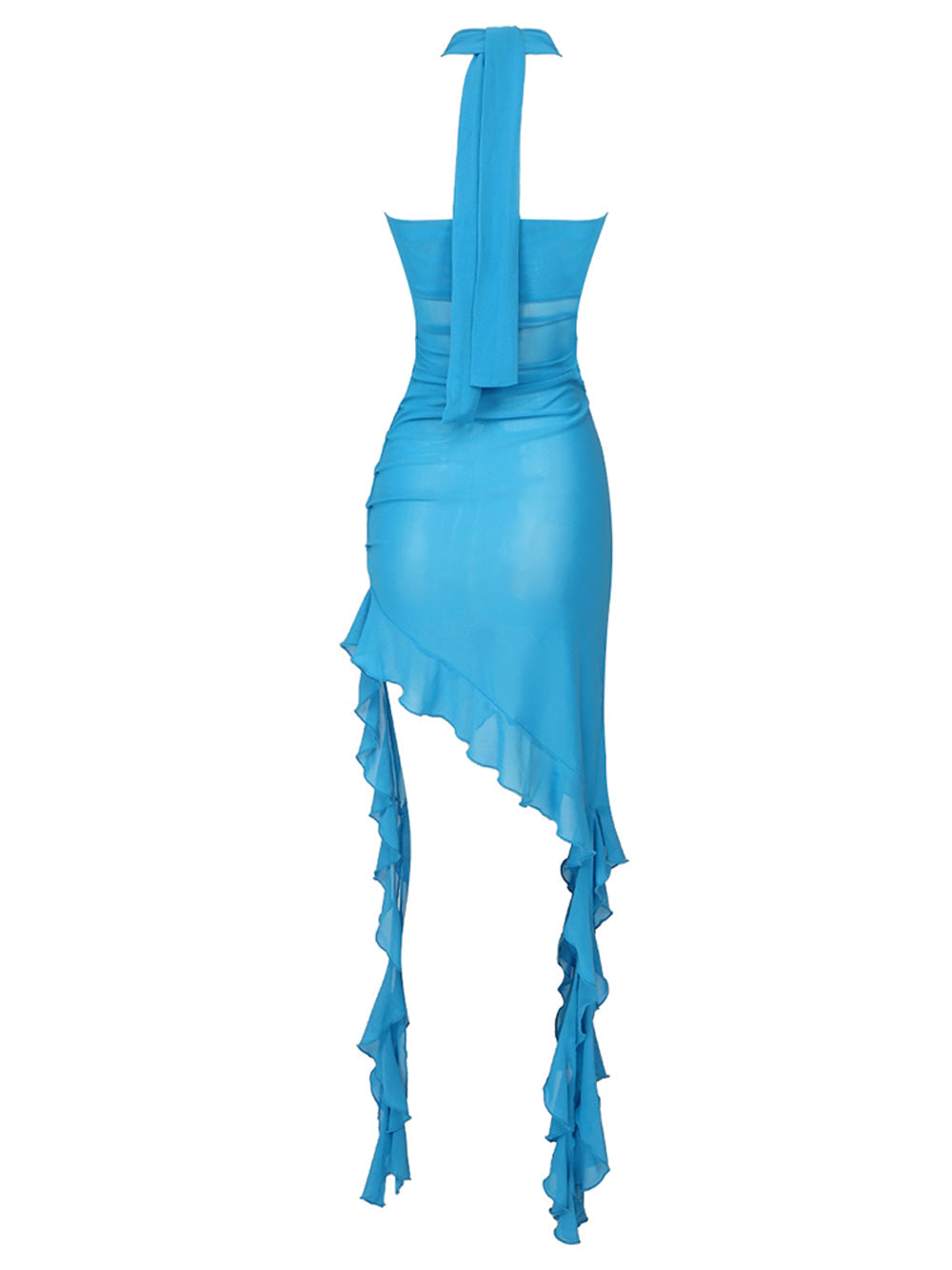 Strapless Rosette Choker Ruched Mesh Asymmetrical Ruffle Hem Mini Dress 7