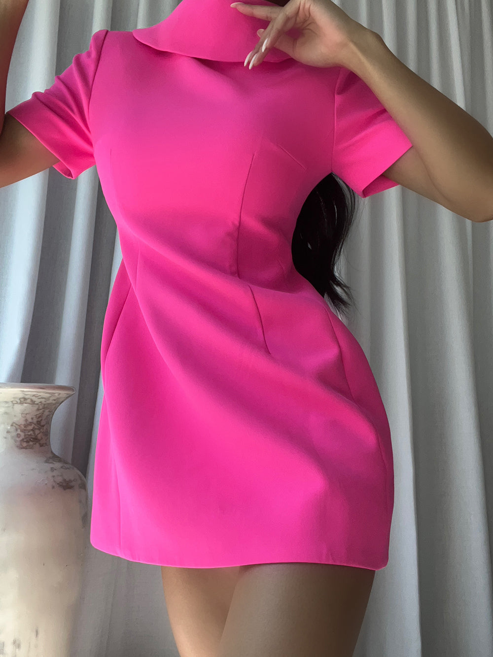 Funnel Neck Princess Seam Short Sleeve A Line Mini Dress 3