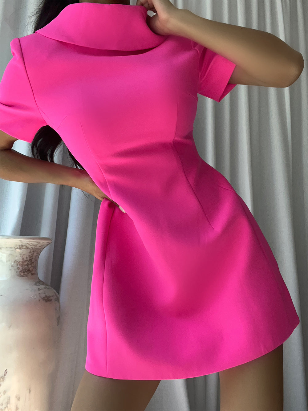 Funnel Neck Princess Seam Short Sleeve A Line Mini Dress
