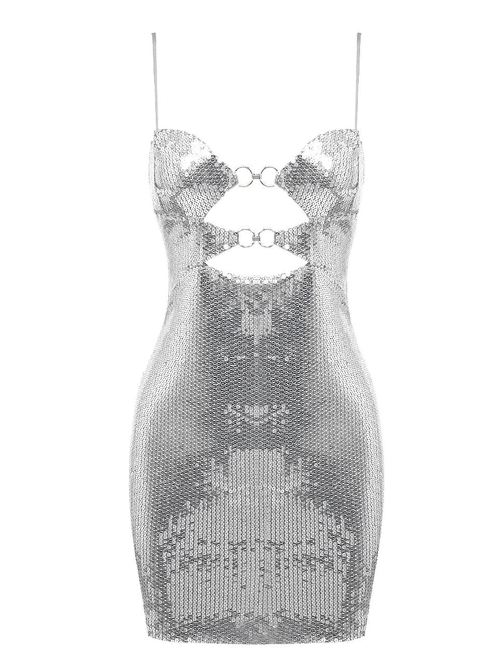 Sweetheart Spaghetti Strap Sequin Diamond Cutout Ring Detail Mini Dress