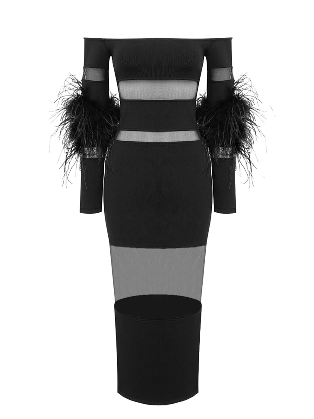 Off Shoulder Feather Trim Sheer Mesh Panel Bodycon Maxi Dress 4