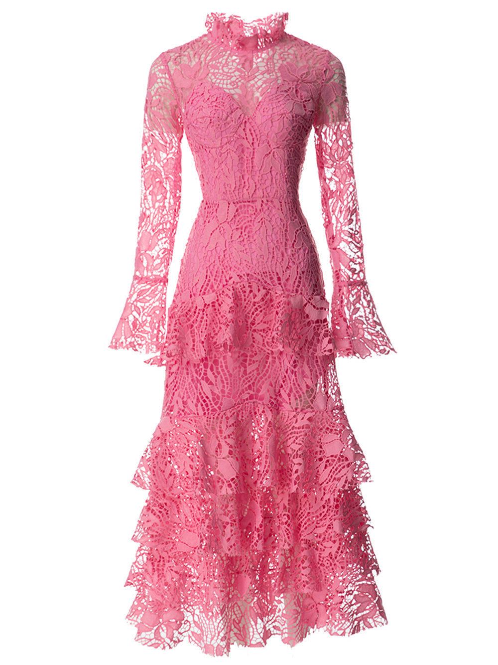 High Neck Ruffled Collar Tiered Lace Bell Sleeve Midi Dress