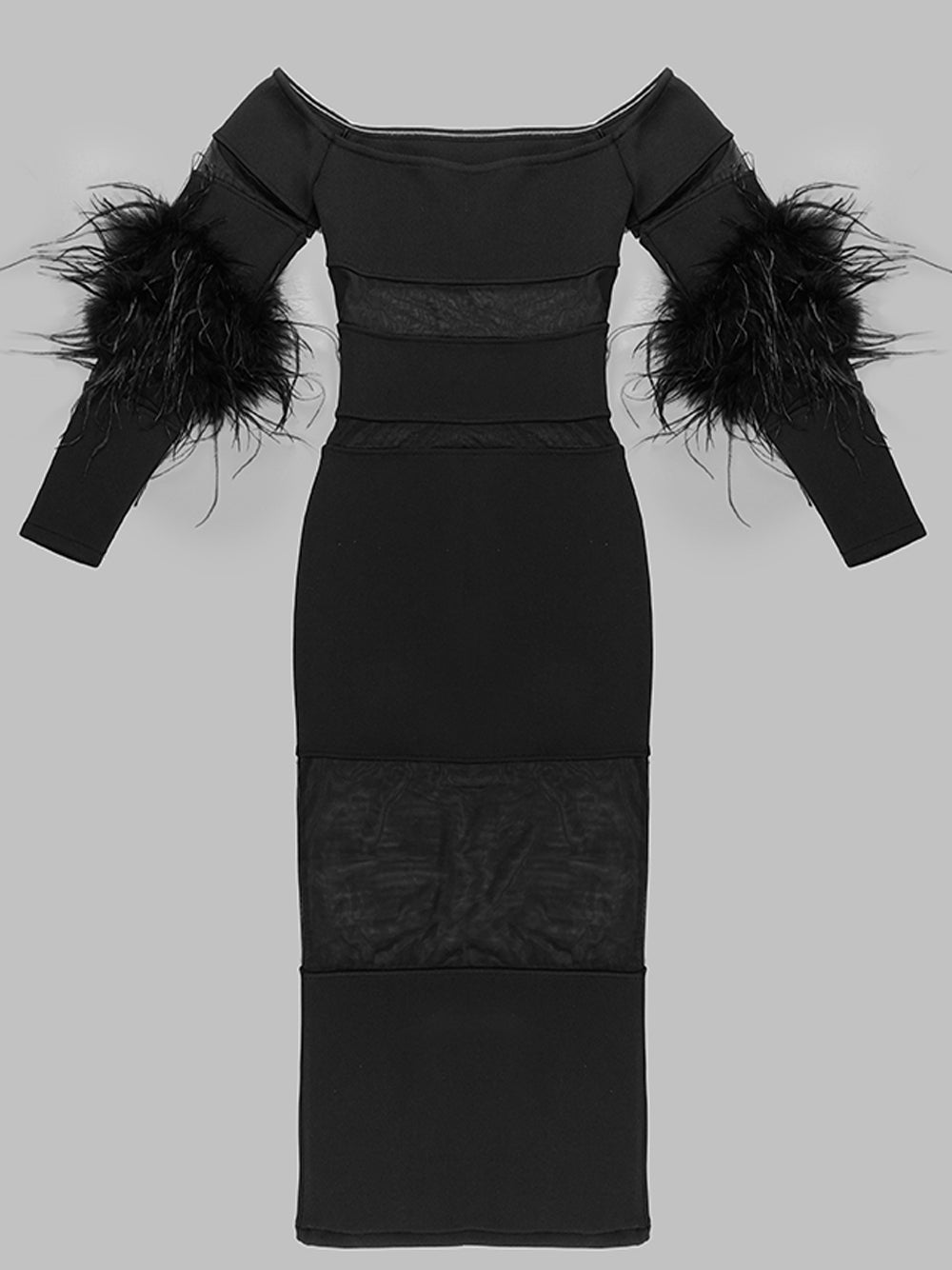 Off Shoulder Feather Trim Sheer Mesh Panel Bodycon Maxi Dress 7
