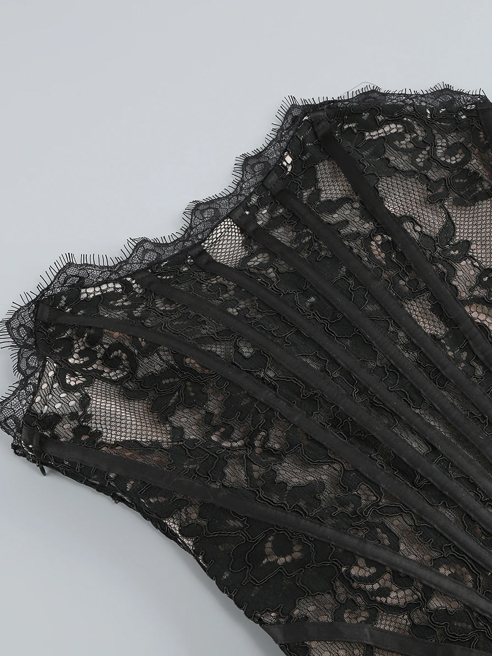 Strapless Sweetheart Corset Boned Floral Lace Draped Mini Dress 18