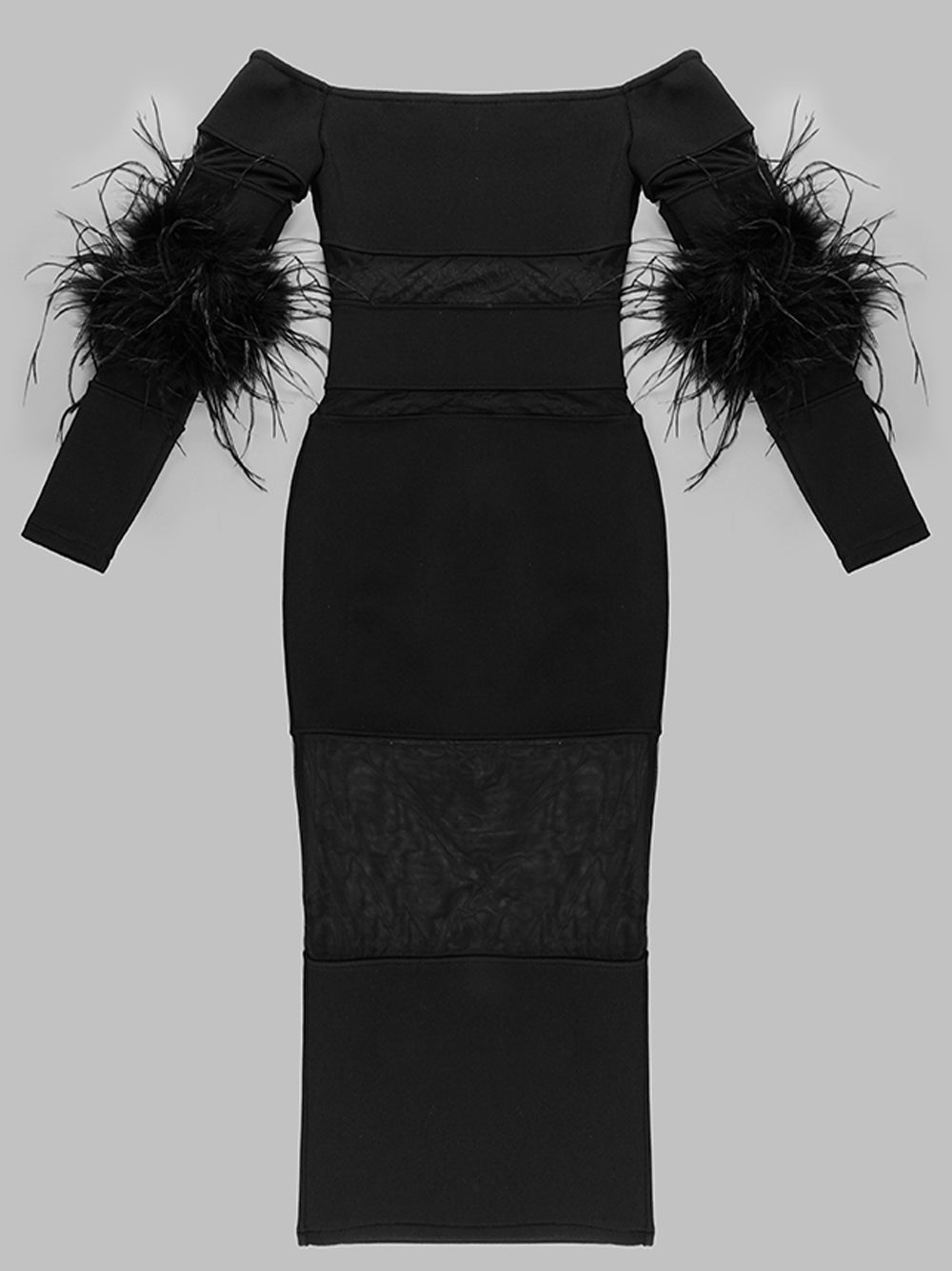 Off Shoulder Feather Trim Sheer Mesh Panel Bodycon Maxi Dress 8
