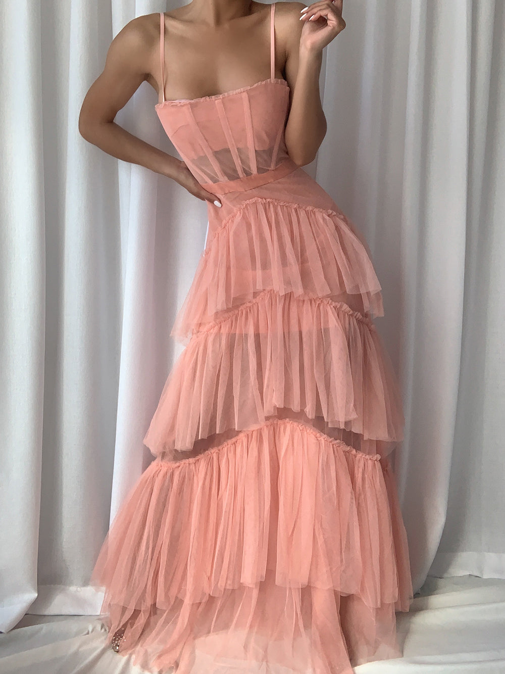 Spaghetti Strap Corset Sweetheart Ruffle Trim Chevron Tiered Tulle Maxi Dress 2