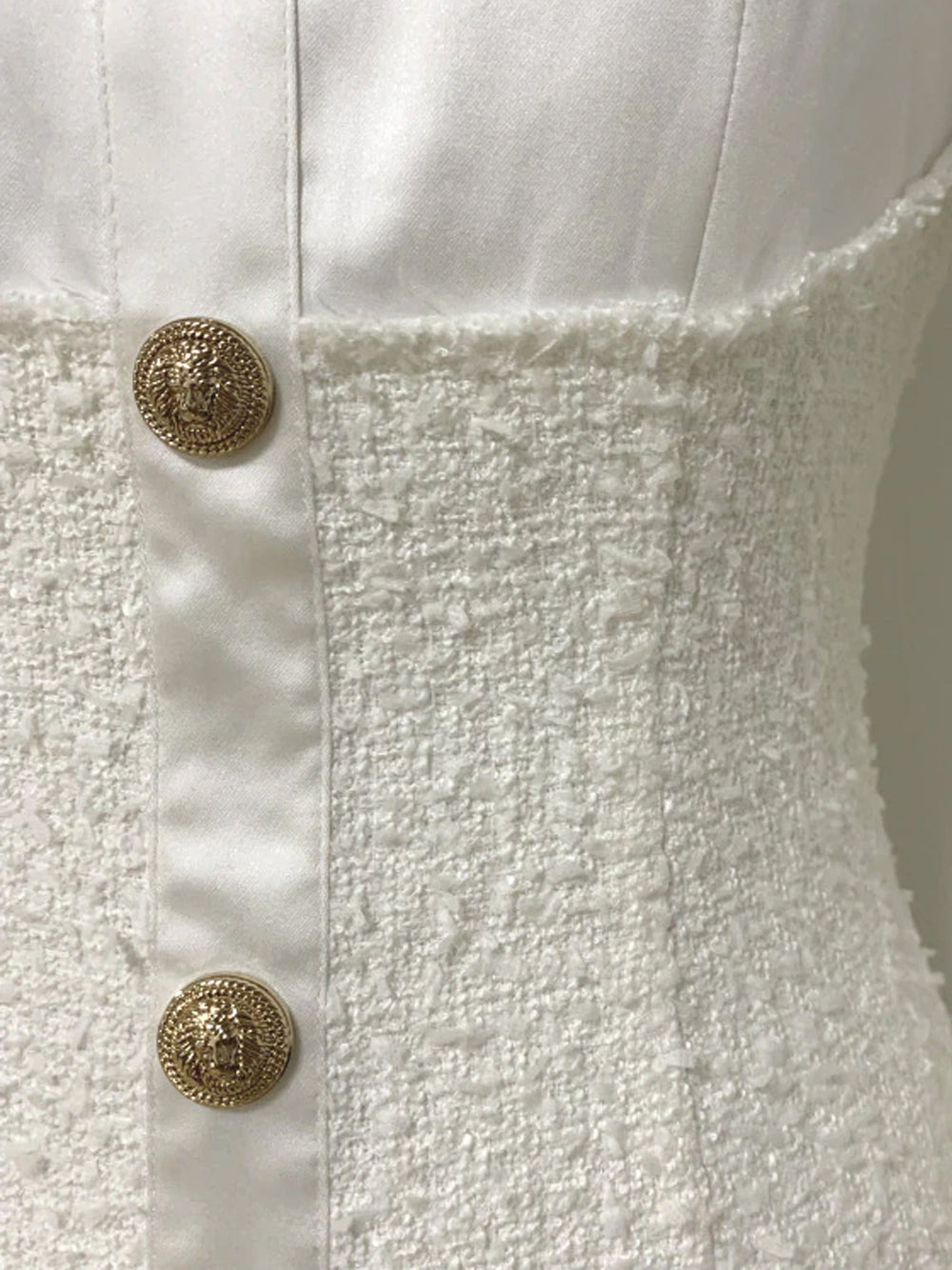 Pointed Collar Tweed Panel Satin Button Front Bodycon Mini Dress 8