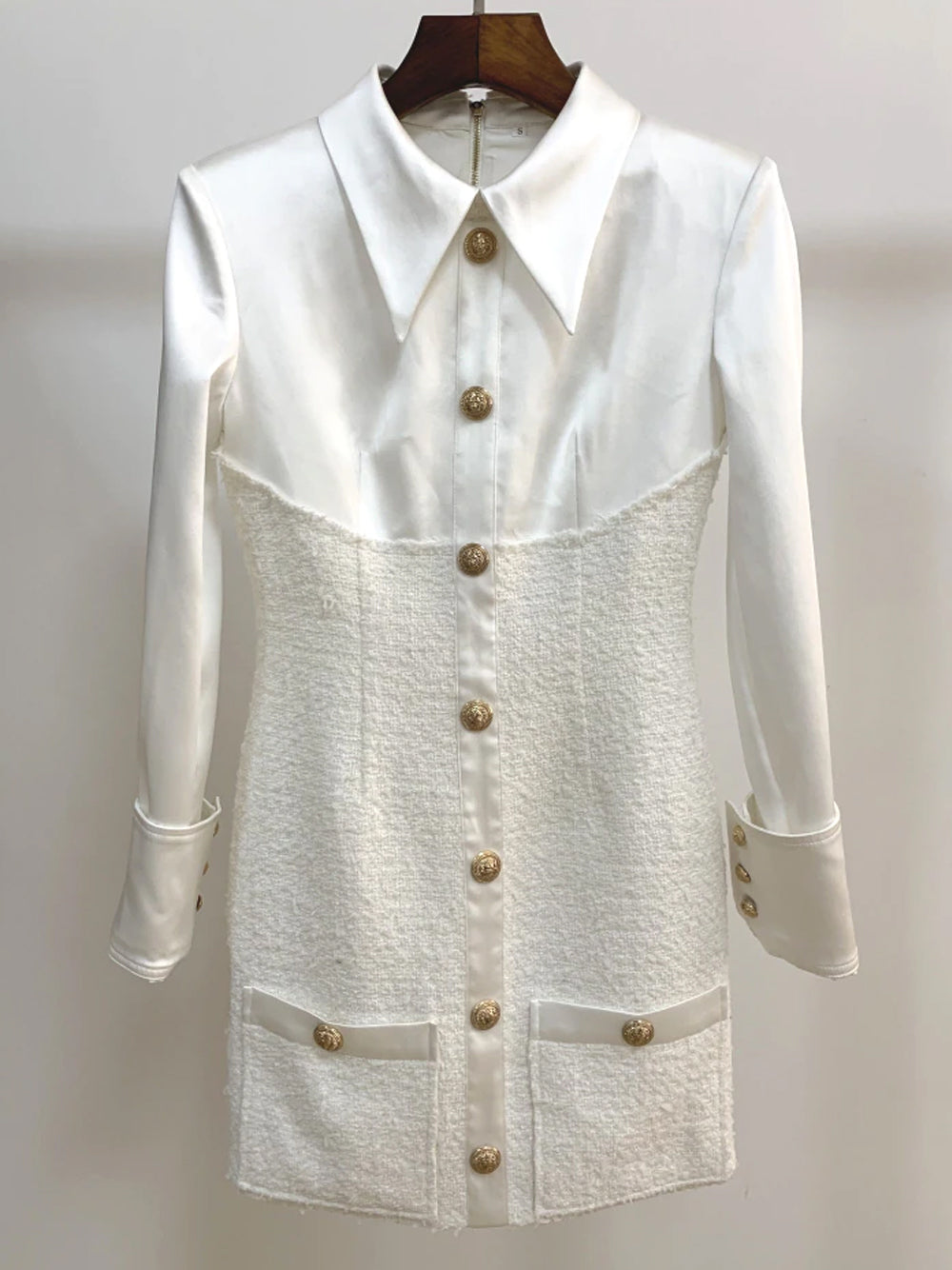 Pointed Collar Tweed Panel Satin Button Front Bodycon Mini Dress 9