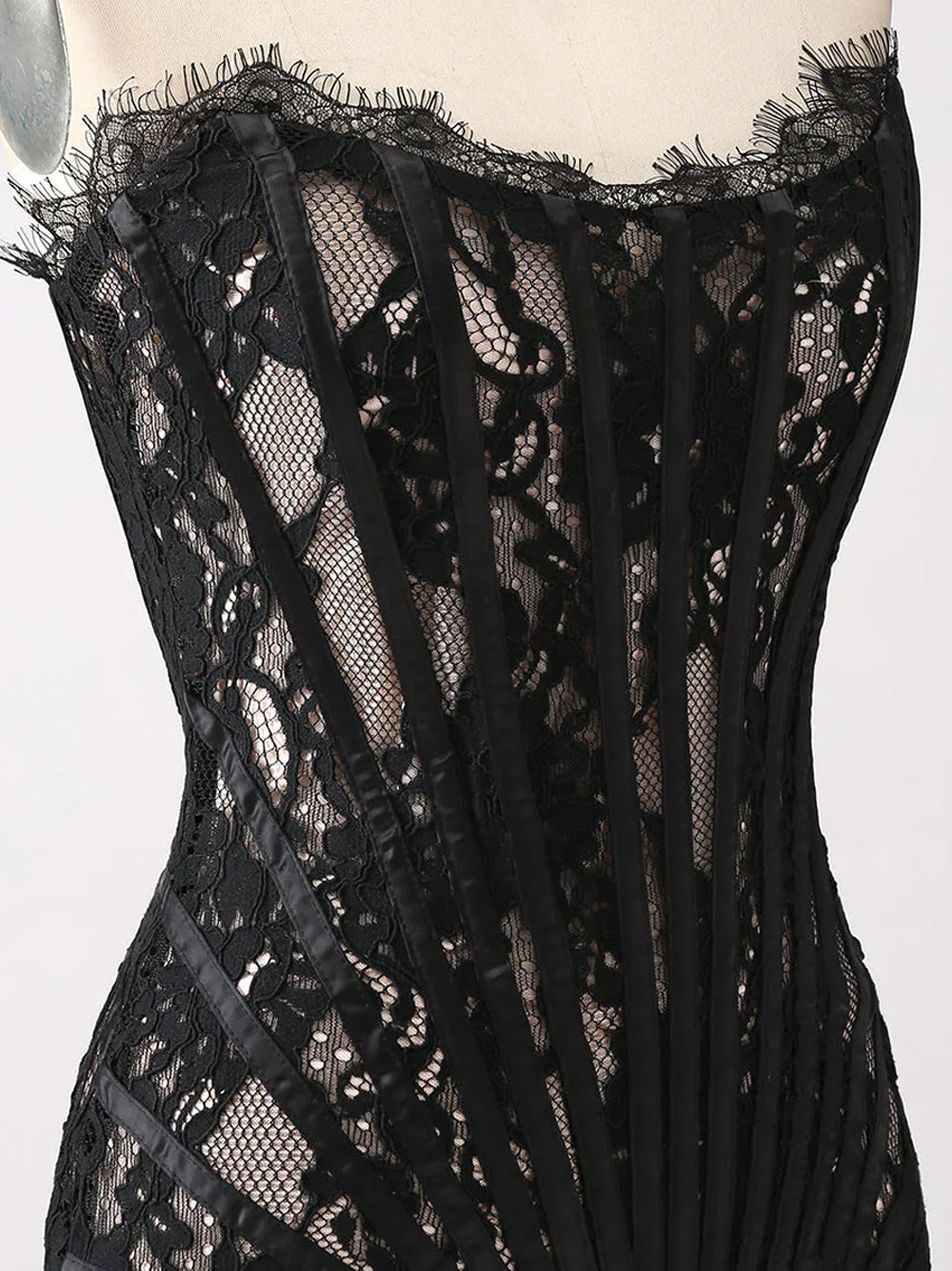 Strapless Sweetheart Corset Boned Floral Lace Draped Mini Dress 14