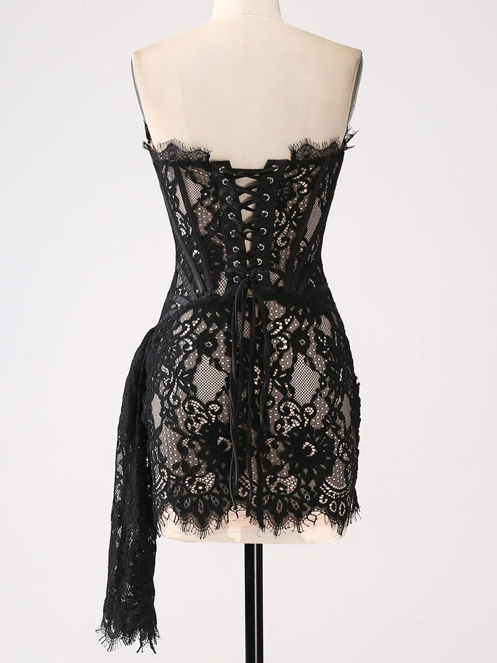 Strapless Sweetheart Corset Boned Floral Lace Draped Mini Dress 11