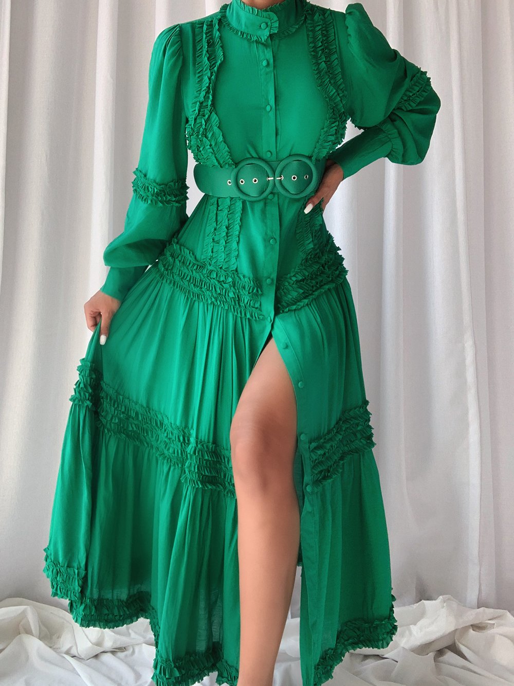 Mock Neck Front Slit Tiered Ruffle Double Ring Belt Button Maxi Dress
