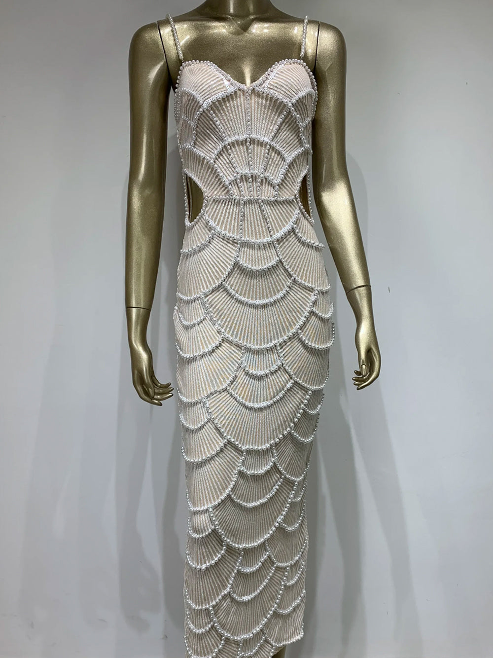 Sweetheart Neck Pearl Strap Sequin Embellished Side Cutout Bodycon Midi Dress 6