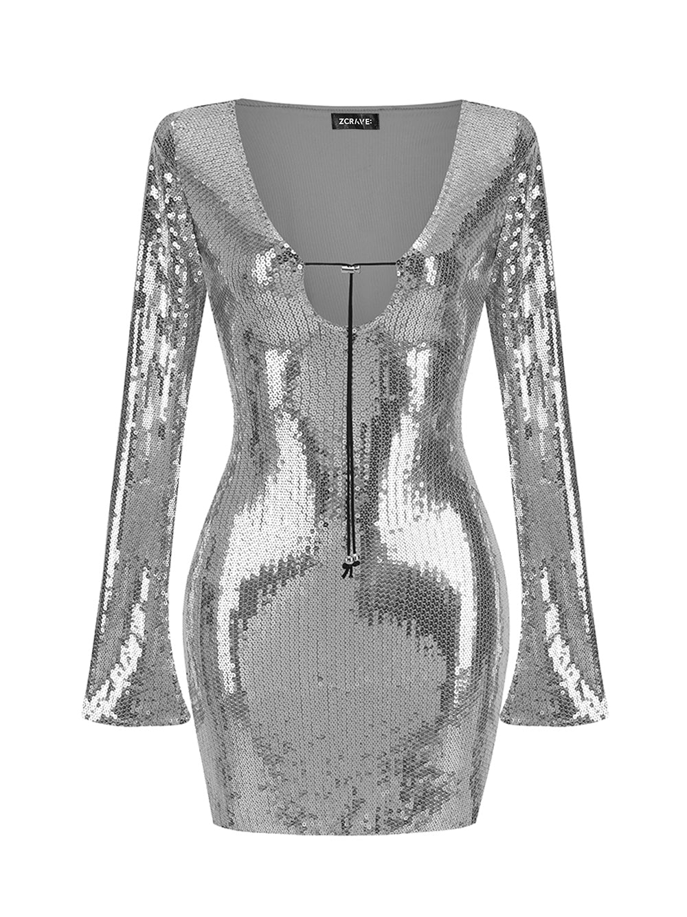 Deep V Neck Bell Sleeve Sequin Tie Front Mini Dress