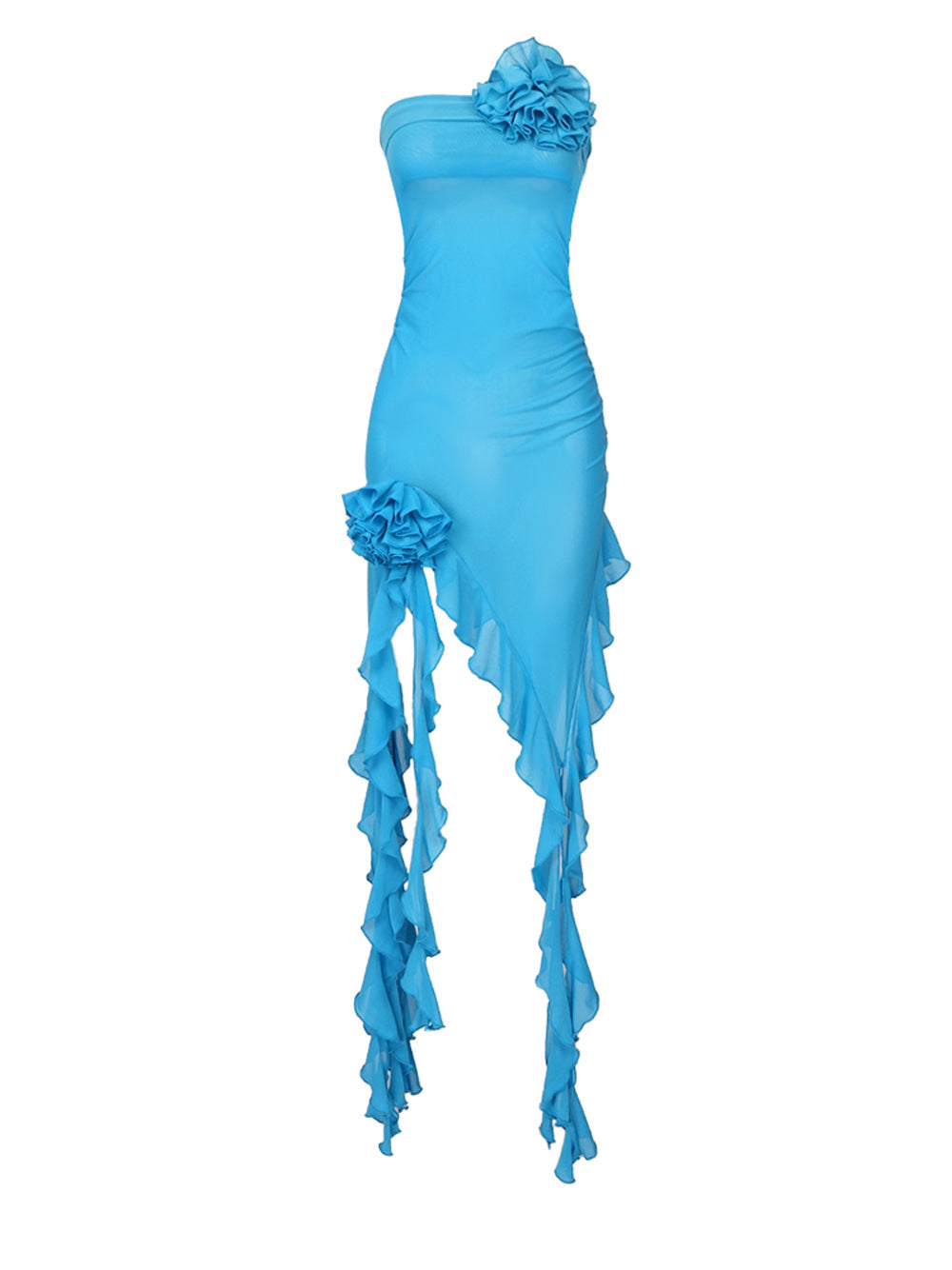 Strapless Rosette Choker Ruched Mesh Asymmetrical Ruffle Hem Mini Dress 10
