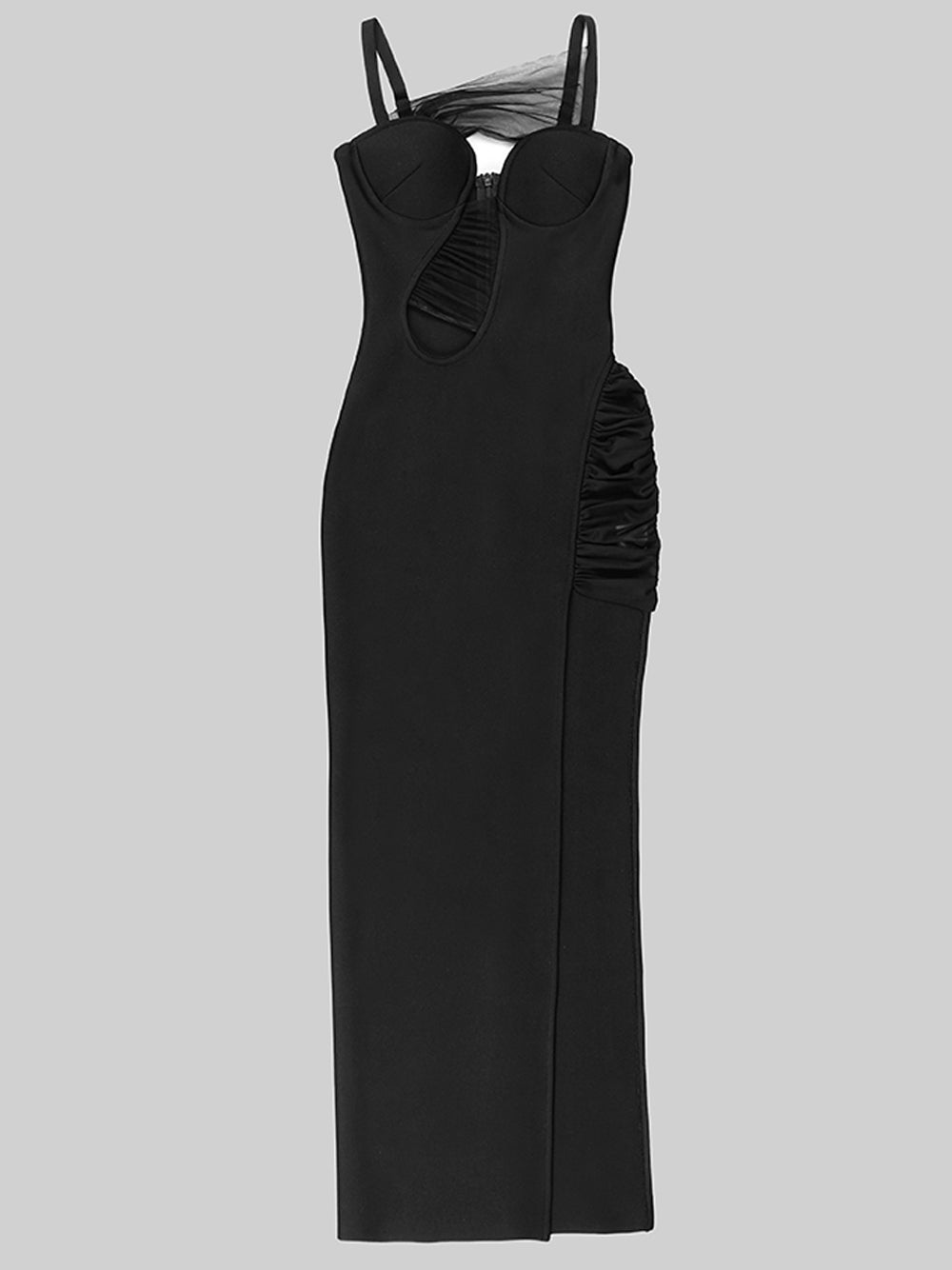 Spaghetti Strap Mesh Panel Cutout High Slit Bodycon Maxi Gown 5