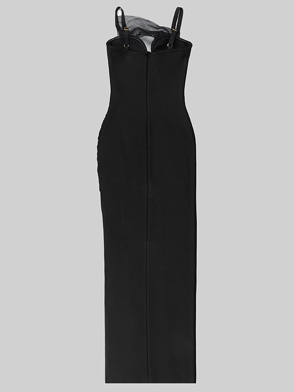 Spaghetti Strap Mesh Panel Cutout High Slit Bodycon Maxi Gown 6