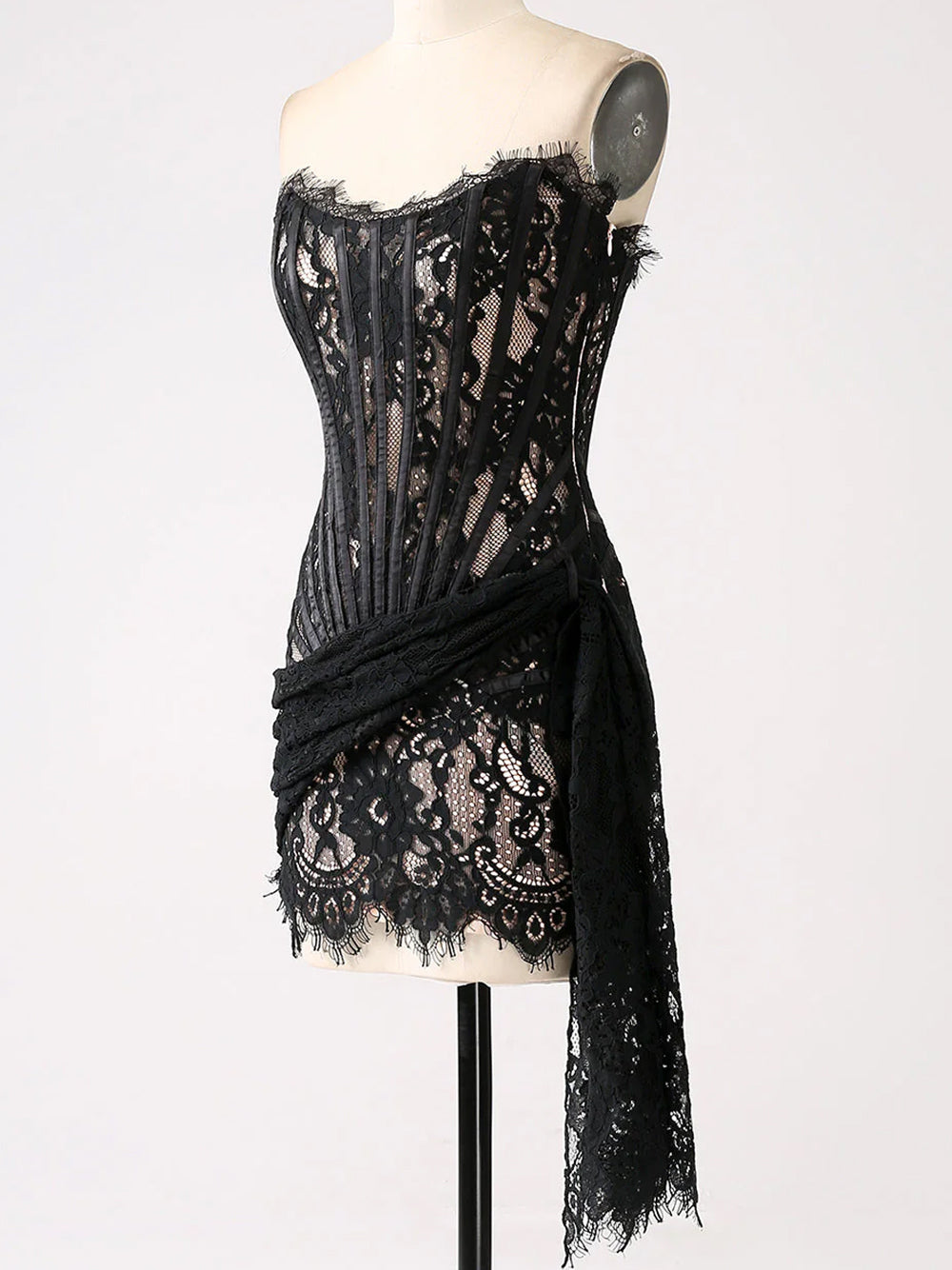 Strapless Sweetheart Corset Boned Floral Lace Draped Mini Dress 10