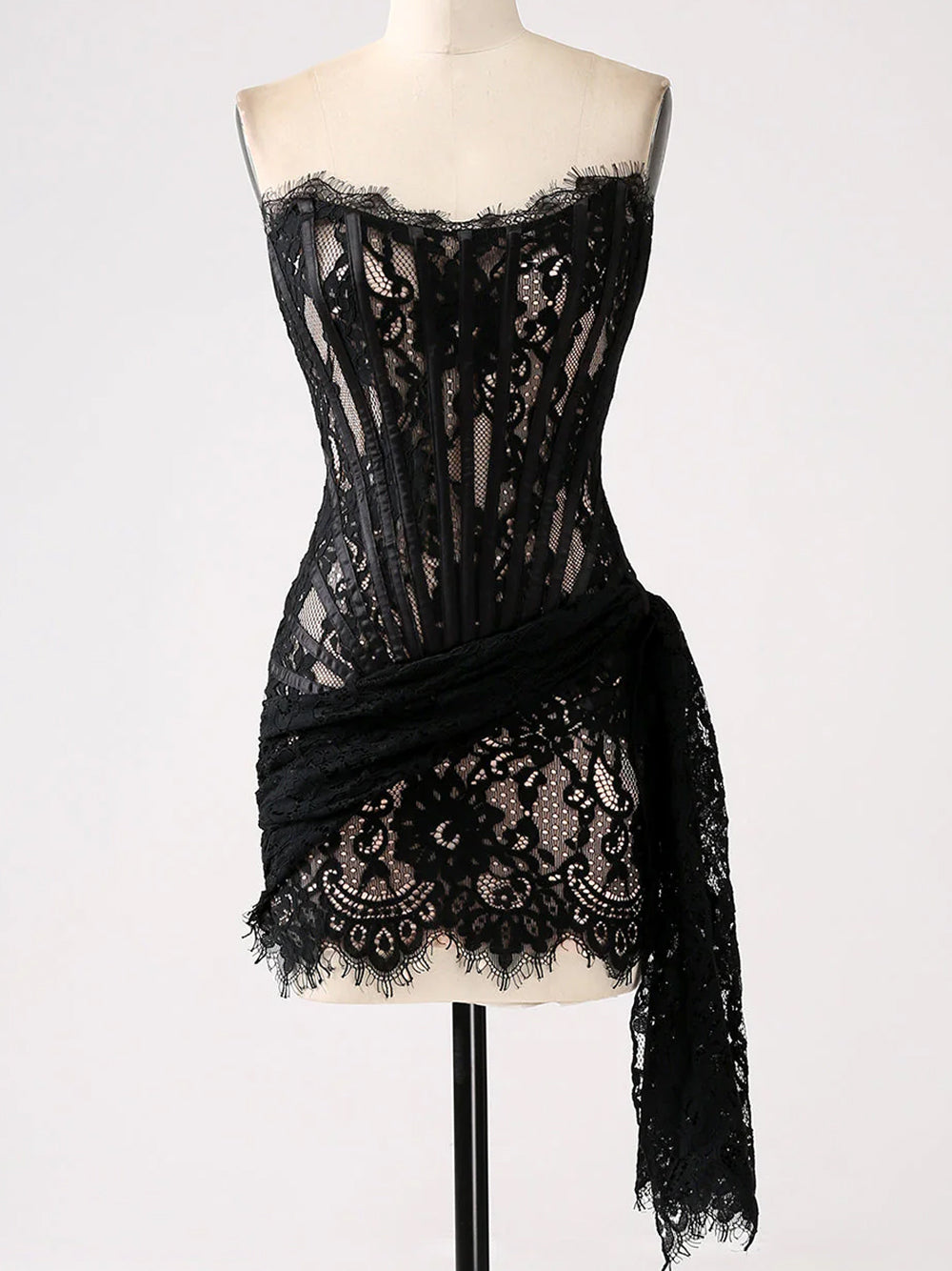 Strapless Sweetheart Corset Boned Floral Lace Draped Mini Dress 9