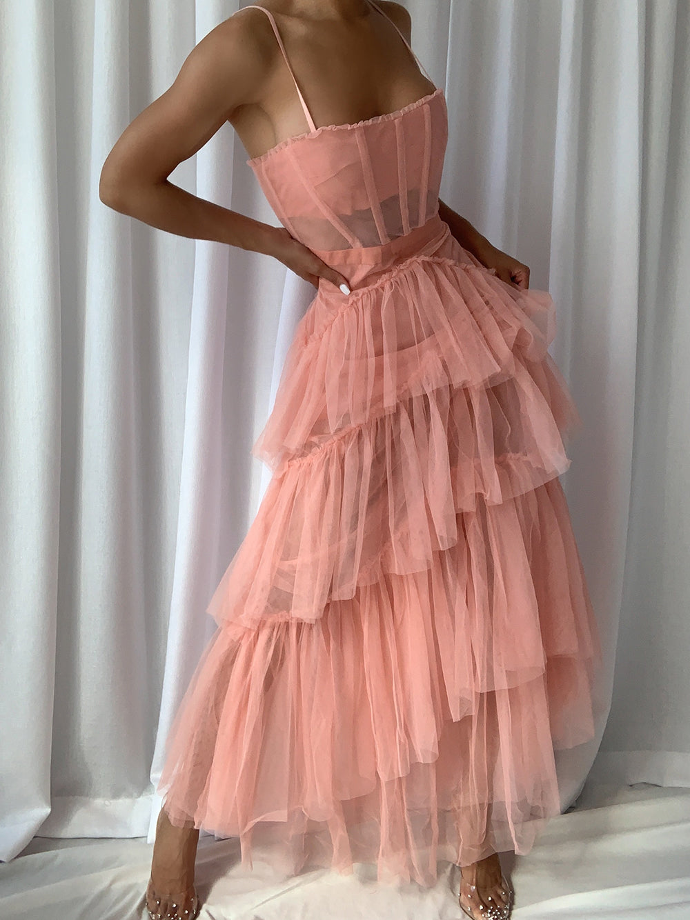 Spaghetti Strap Corset Sweetheart Ruffle Trim Chevron Tiered Tulle Maxi Dress 3