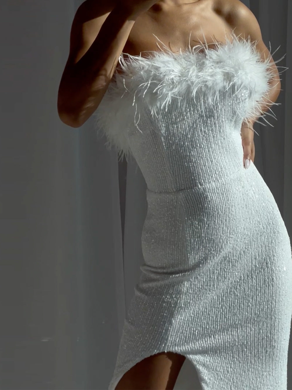 Strapless Feather Trim Sequin High Slit Maxi Gown