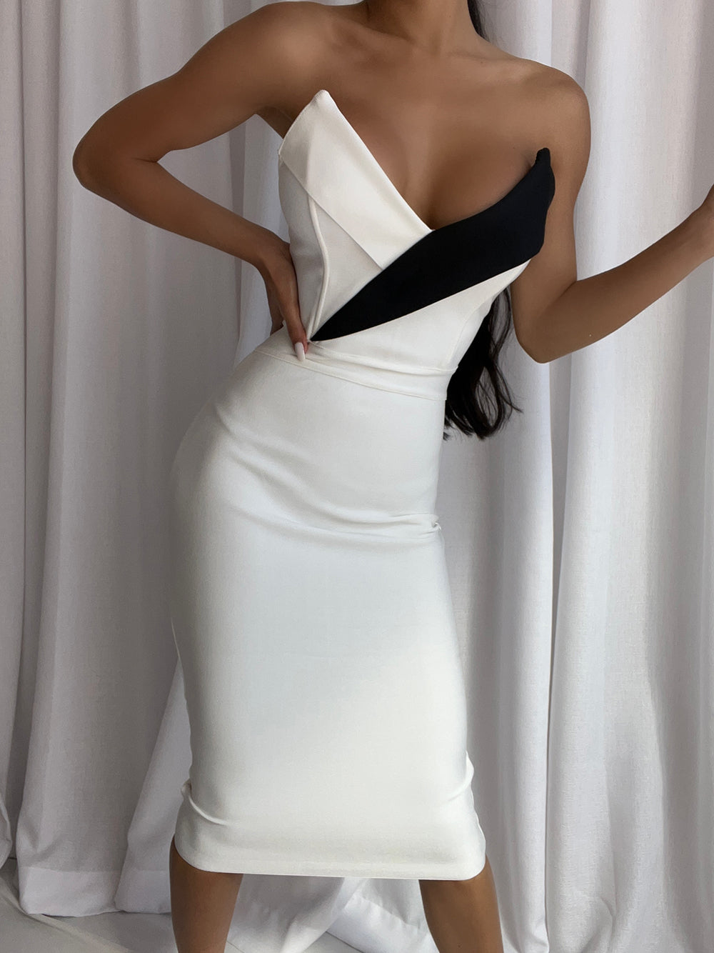 Strapless Fold Over Lapel Contrast Panel Bodycon Midi Dress 4
