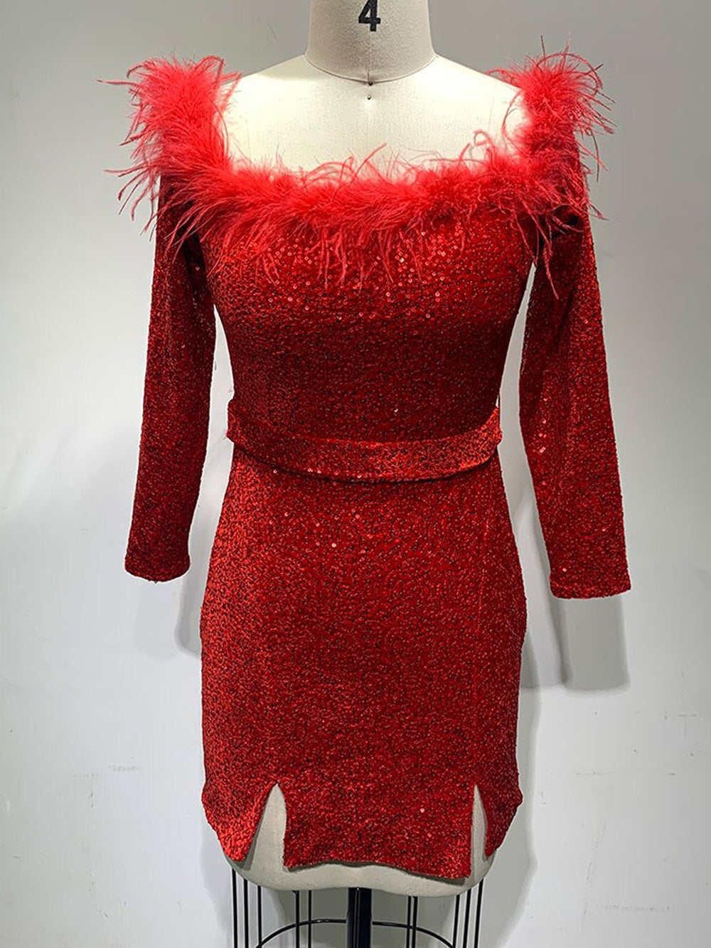 Off Shoulder Feather Trim Long Sleeve Sequin Bodycon Mini Dress 8
