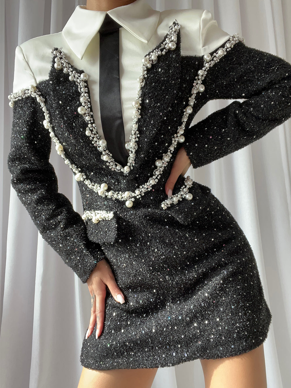 Pearl Trim Contrast Collar Sequin Tweed Blazer Mini Dress
