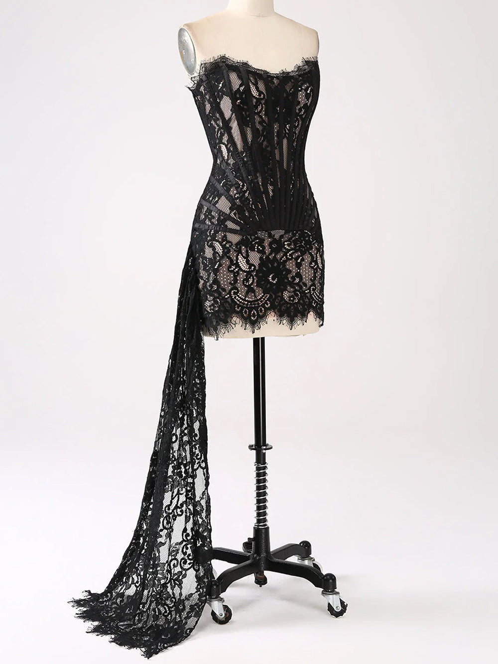 Strapless Sweetheart Corset Boned Floral Lace Draped Mini Dress 7