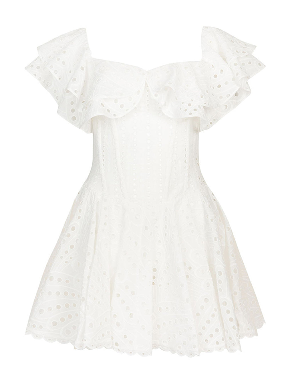 Off Shoulder Ruffle Trim Eyelet Embroidery Corset Fit and Flare Mini Dress 13