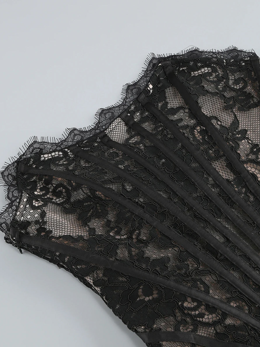 Strapless Sweetheart Corset Boned Floral Lace Draped Mini Dress 15