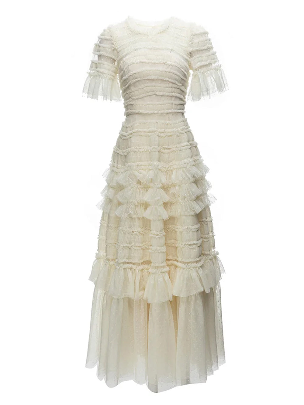Crew Neck Horizontal Band Ruffled Point D Esprit Tiered Maxi Gown