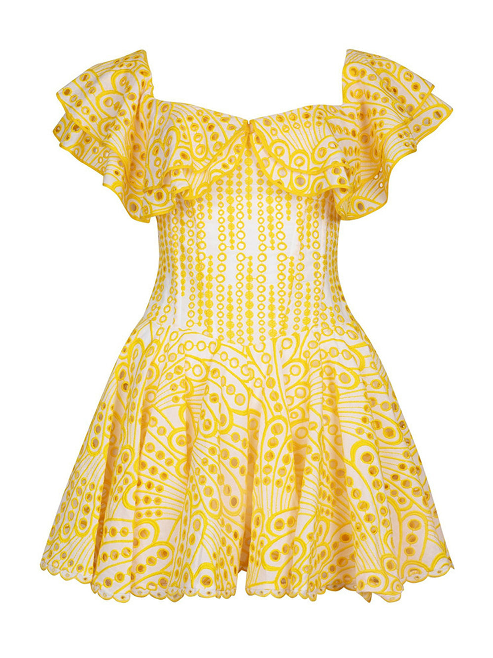 Off Shoulder Ruffle Trim Eyelet Embroidery Corset Fit and Flare Mini Dress 12