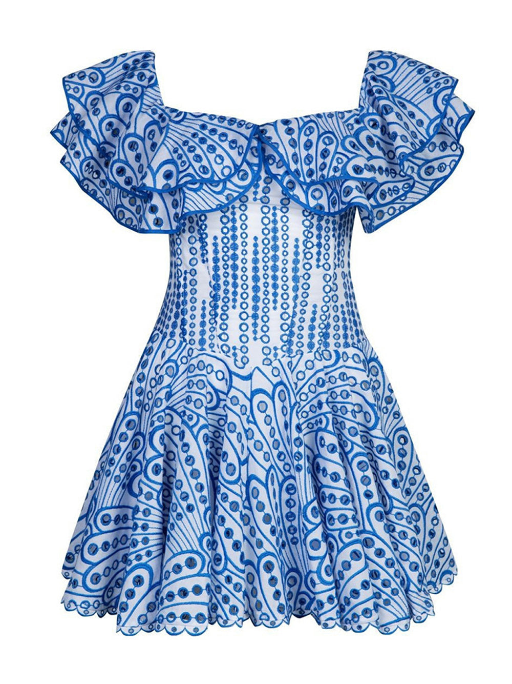 Off Shoulder Ruffle Trim Eyelet Embroidery Corset Fit and Flare Mini Dress 6