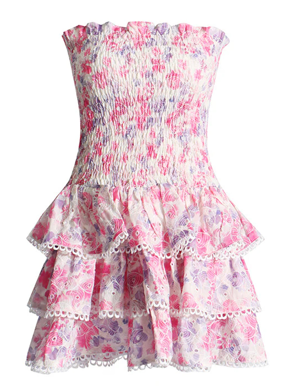 Strapless Smocked Bodice Floral Eyelet Tiered Ruffle Mini Dress 14