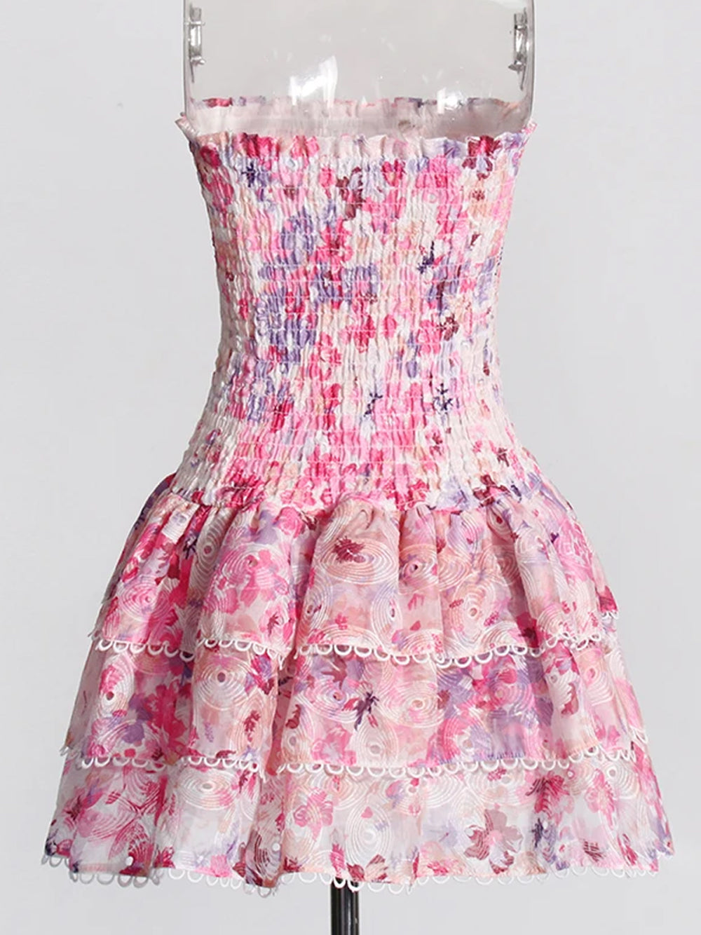 Strapless Smocked Bodice Floral Eyelet Tiered Ruffle Mini Dress 9