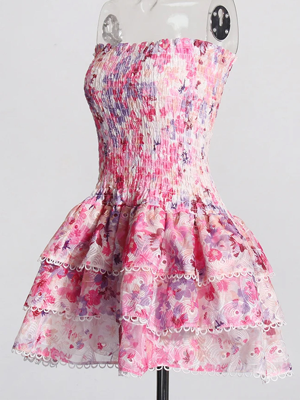 Strapless Smocked Bodice Floral Eyelet Tiered Ruffle Mini Dress 8