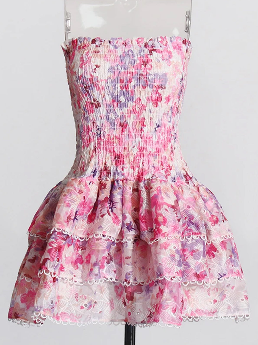 Strapless Smocked Bodice Floral Eyelet Tiered Ruffle Mini Dress 7