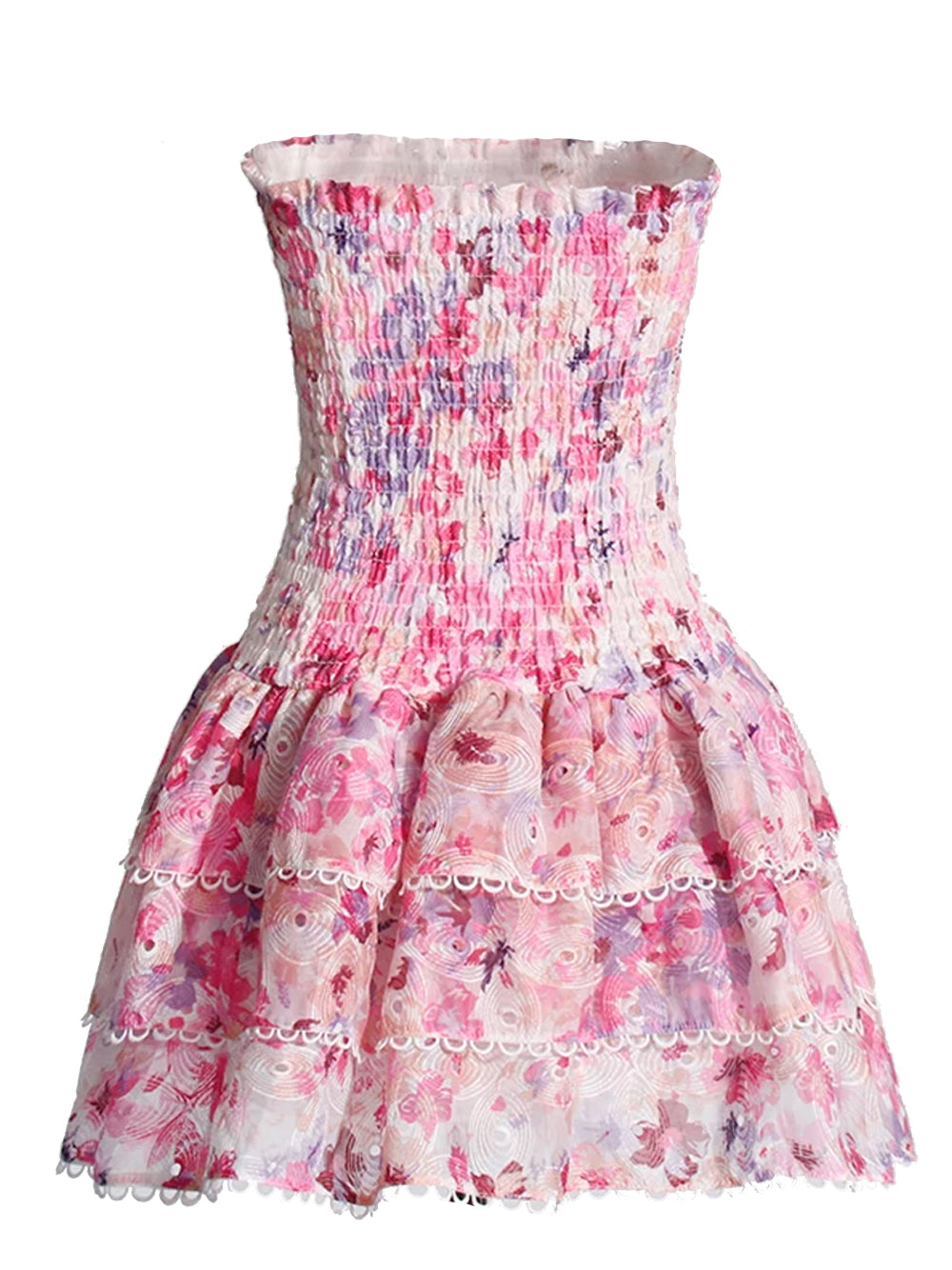 Strapless Smocked Bodice Floral Eyelet Tiered Ruffle Mini Dress 6