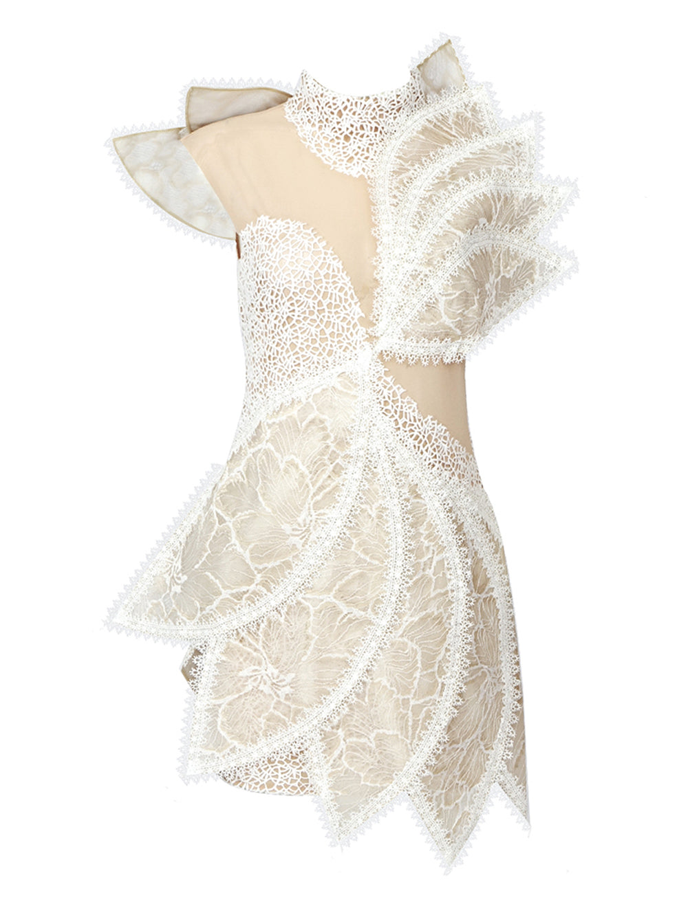 High Neck One Shoulder Architectural Lace Fan Panel Mini Dress