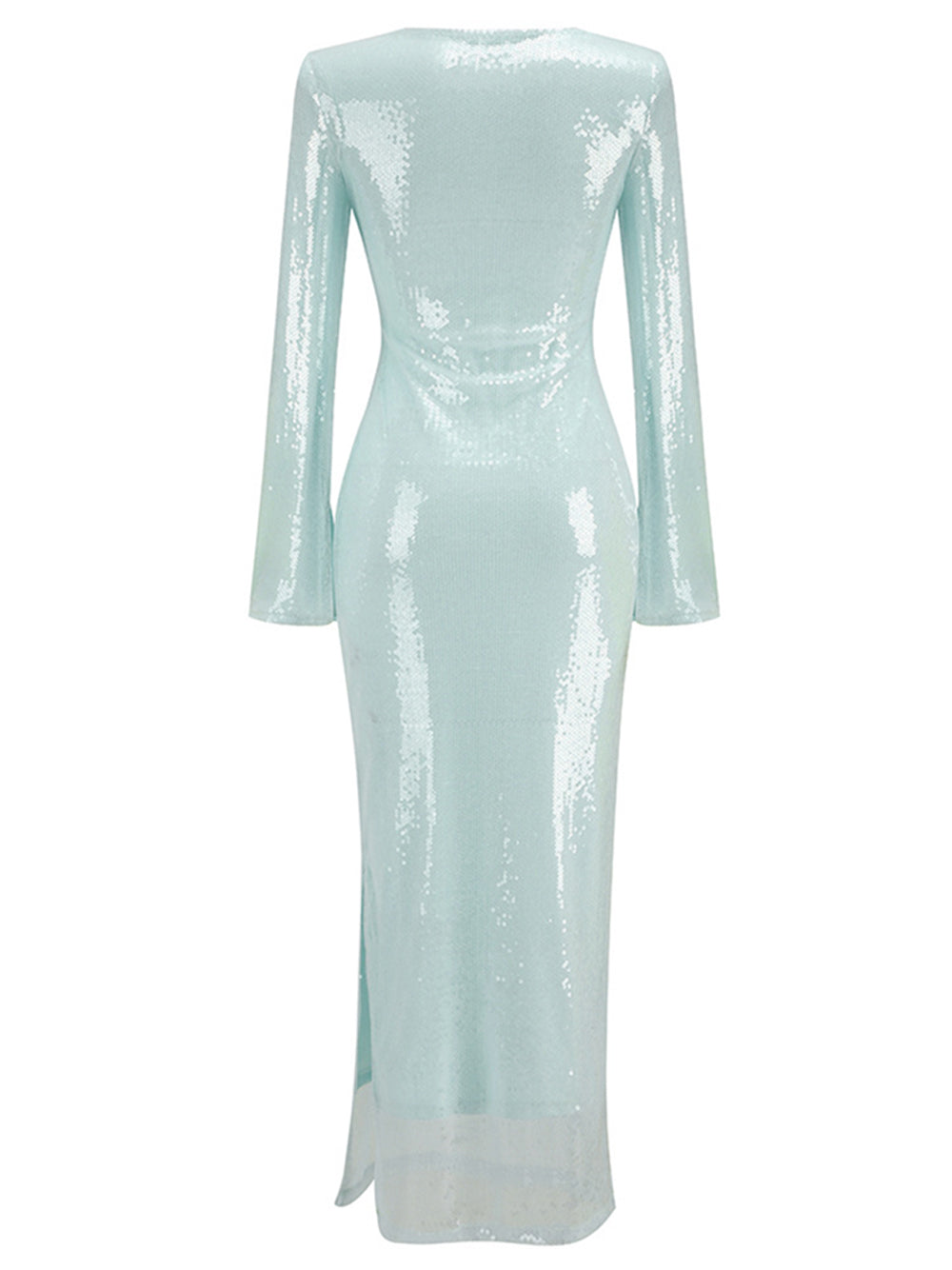 Plunging Scoop Neck Tie Front Sequin Long Sleeve Bodycon Maxi Dress 5