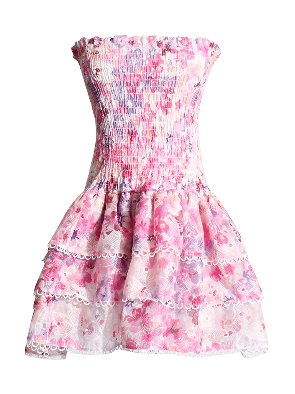 Strapless Smocked Bodice Floral Eyelet Tiered Ruffle Mini Dress 5