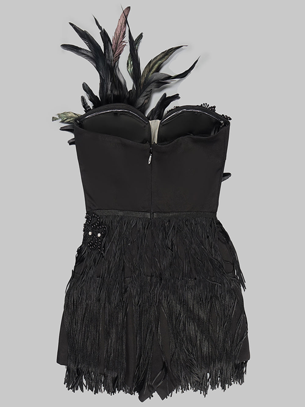 Strapless Beaded Feather Applique Fringe Hem Mini Dress 6
