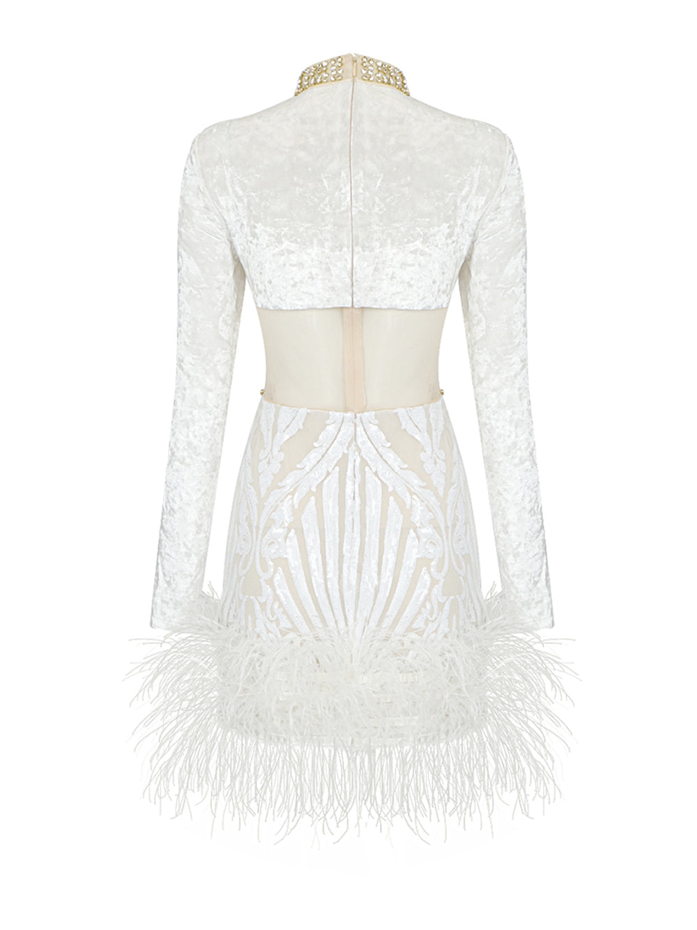 Crystal Choker Velvet Mesh Lace Feather Hem Mini Dress 2