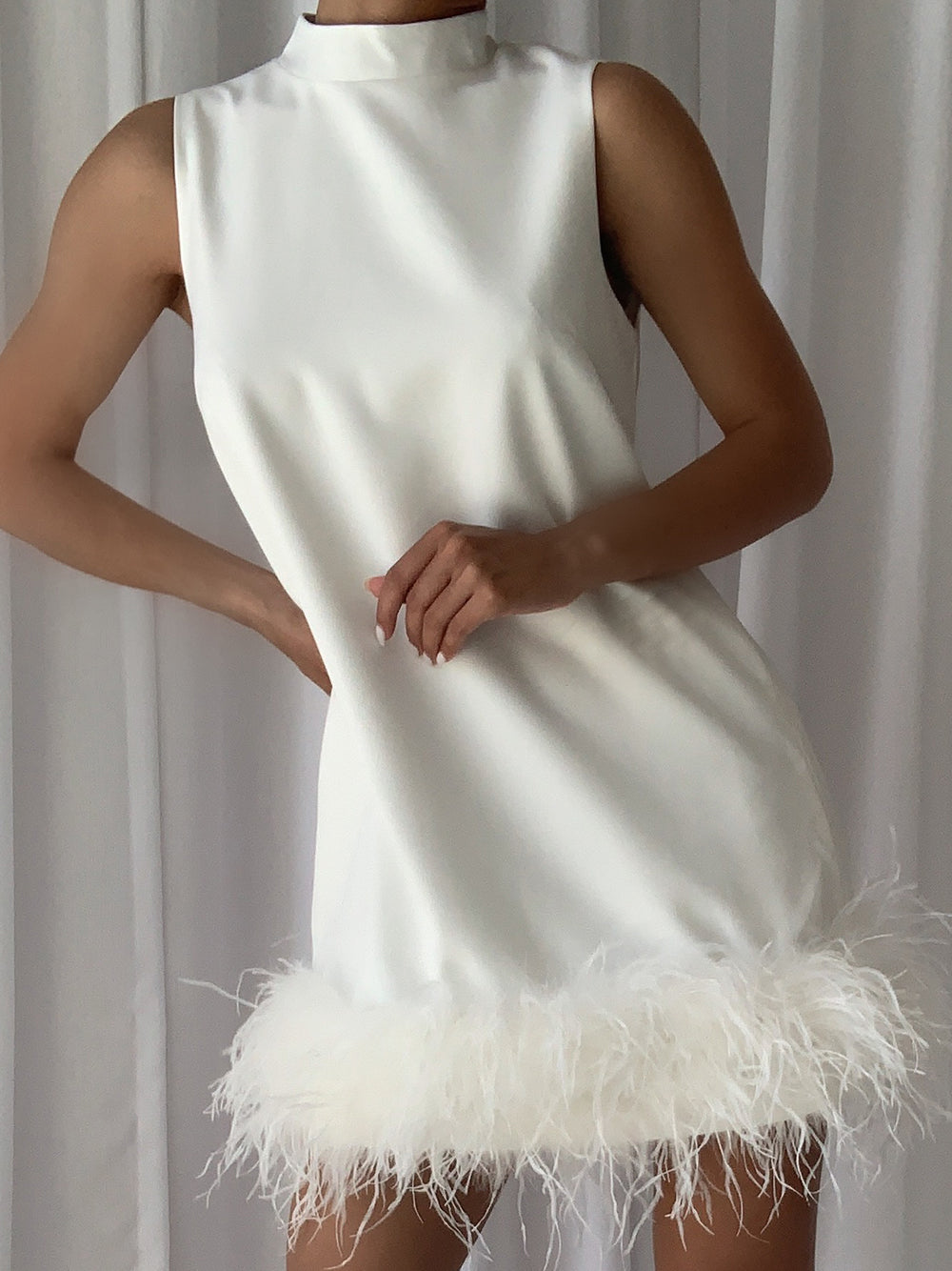 Mock Neck Sleeveless Shift Feather Trim Mini Dress 2
