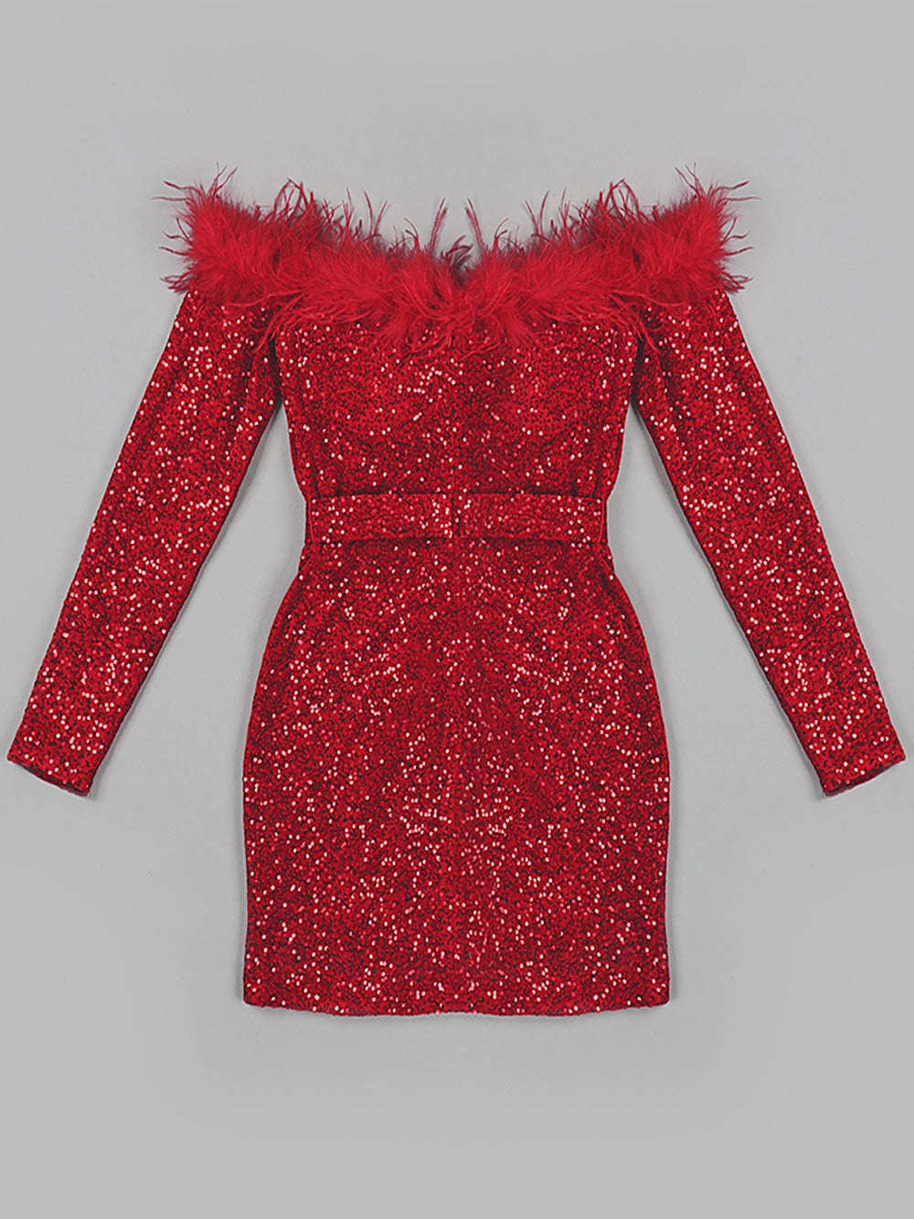 Off Shoulder Feather Trim Long Sleeve Sequin Bodycon Mini Dress 6