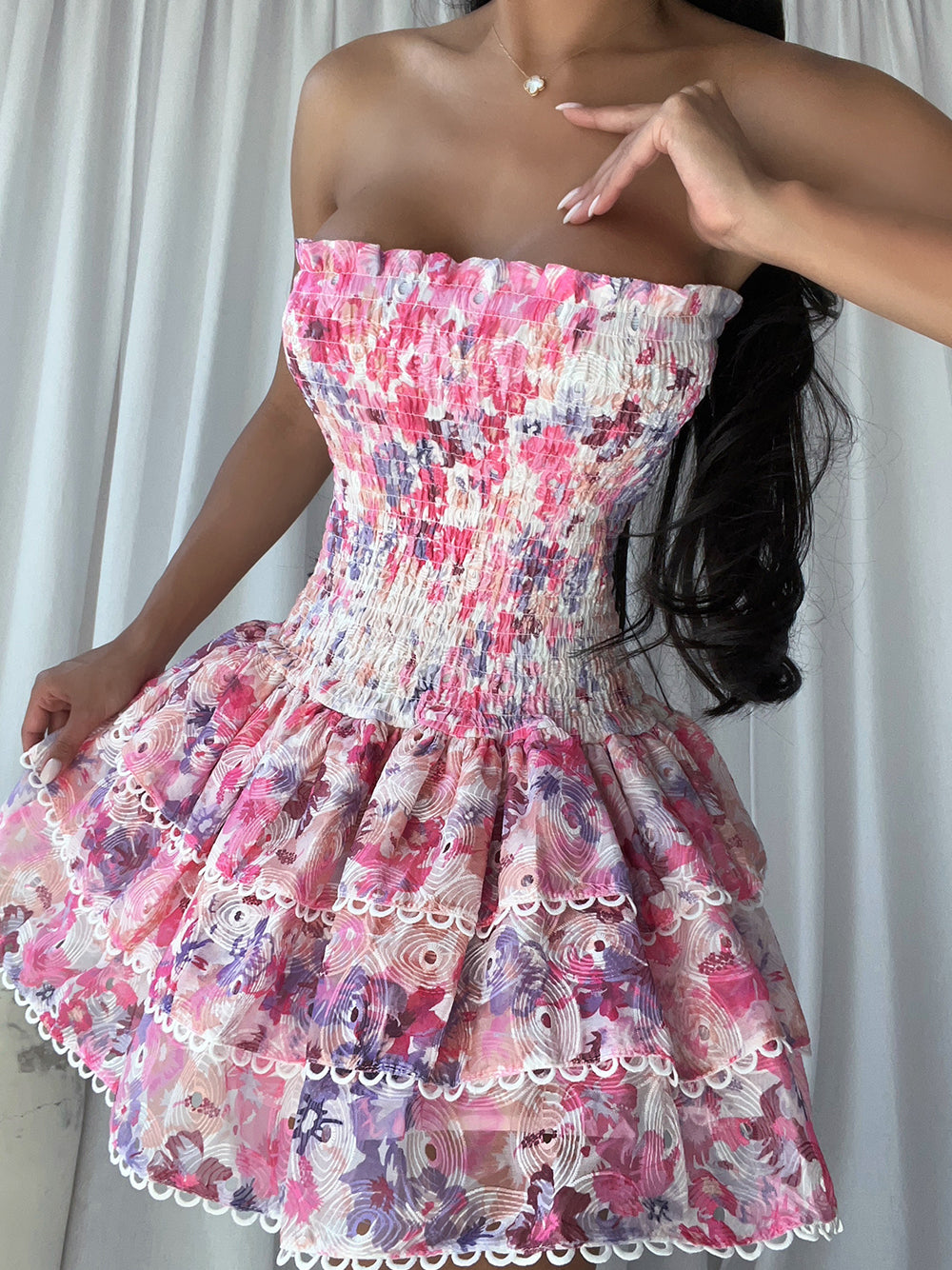 Strapless Smocked Bodice Floral Eyelet Tiered Ruffle Mini Dress