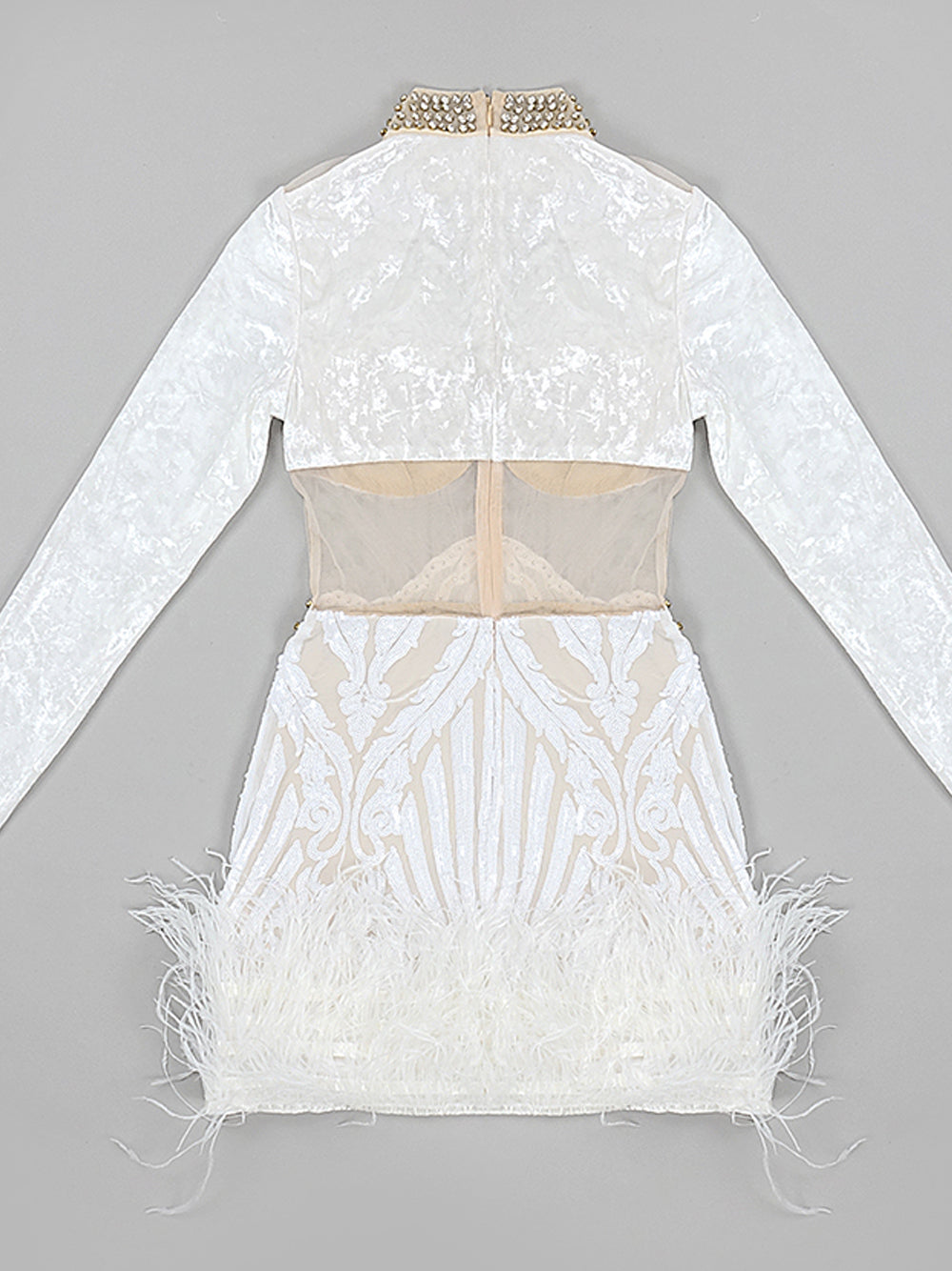 Crystal Choker Velvet Mesh Lace Feather Hem Mini Dress 6