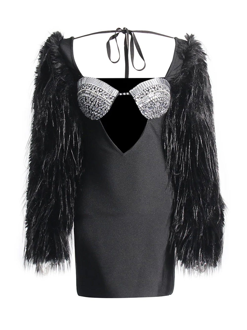 Halter Rhinestone Bust Triangle Cutout Faux Fur Sleeve Mini Dress