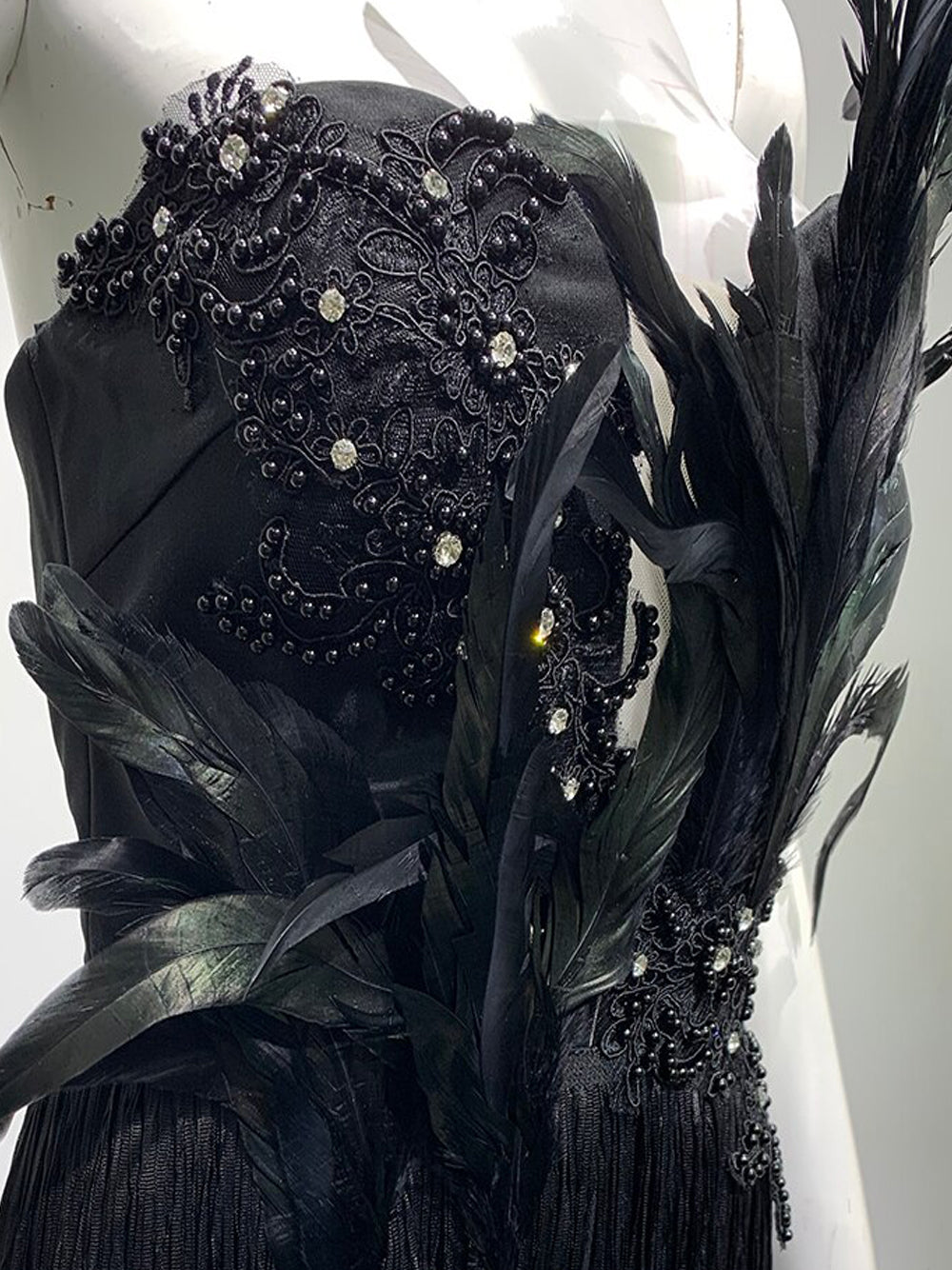 Strapless Beaded Feather Applique Fringe Hem Mini Dress 9