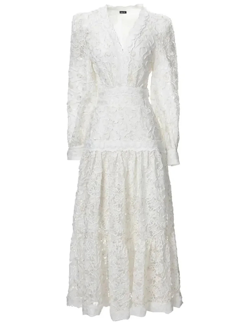 V Neck Long Sleeve Tiered Floral Lace Midi Dress